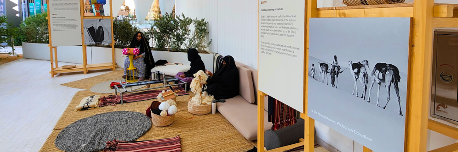 A modular cultural environment brought gahwa, palm heritage, traditional medicine, hunting and marine crafts into an interactive COP28 visitor journey.
