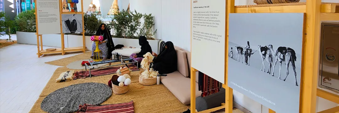 A modular cultural environment brought gahwa, palm heritage, traditional medicine, hunting and marine crafts into an interactive COP28 visitor journey.