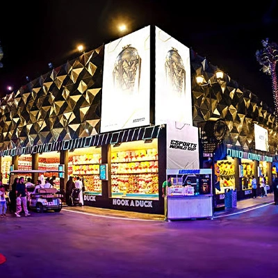 Evolution Scenic climate dialogue entrance installation with timeline walls, flags and central LED screen