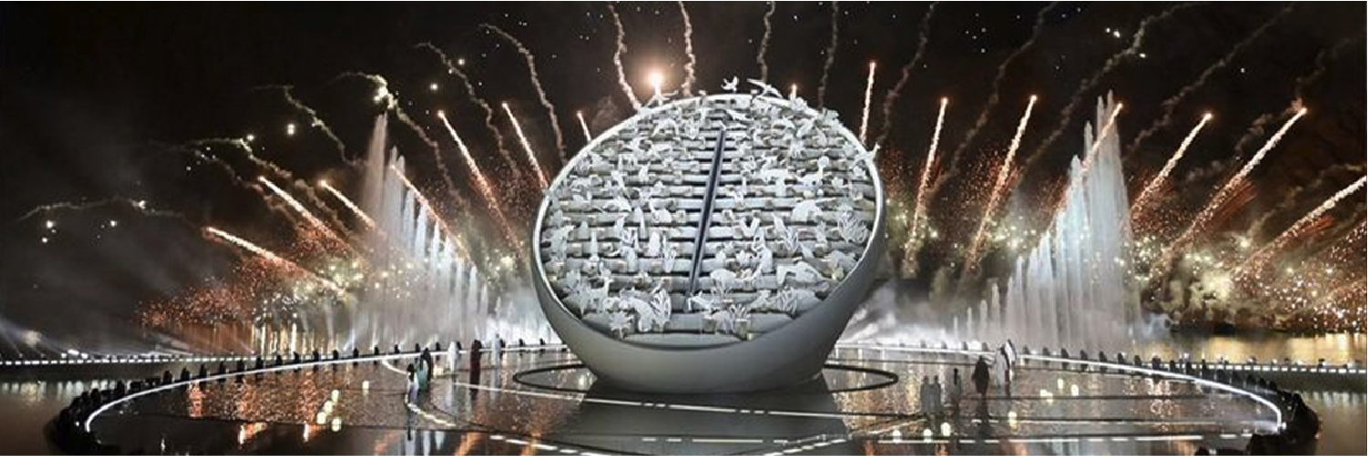 One hundred illuminated building replicas rose from the stage at Hatta Dam, turning five decades of national development into a synchronised kinetic skyline.