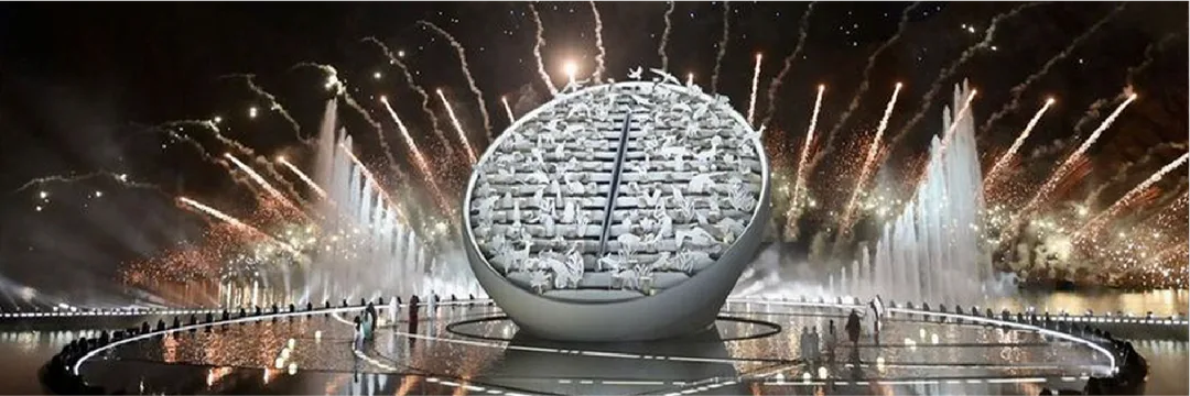 One hundred illuminated building replicas rose from the stage at Hatta Dam, turning five decades of national development into a synchronised kinetic skyline.