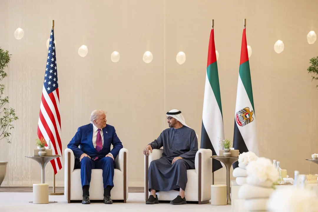UAE and U.S. leaders exchange a warm greeting during a diplomatic meeting at the Presidential Airport in Abu Dhabi