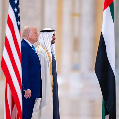 U.S. President Donald Trump and UAE President Sheikh Mohamed bin Zayed Al Nahyan during the official state visit ceremony at Qasr Al Watan, Abu Dhabi, UAE, 2025.